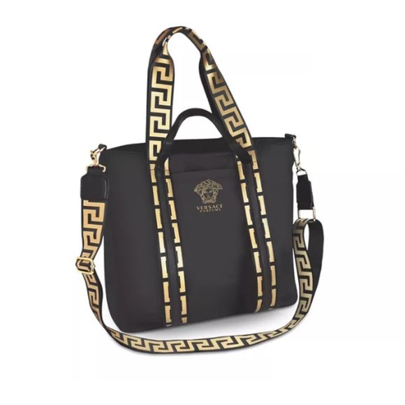 VERSACE Luxury Leather Tote in Black w. Gold Logo